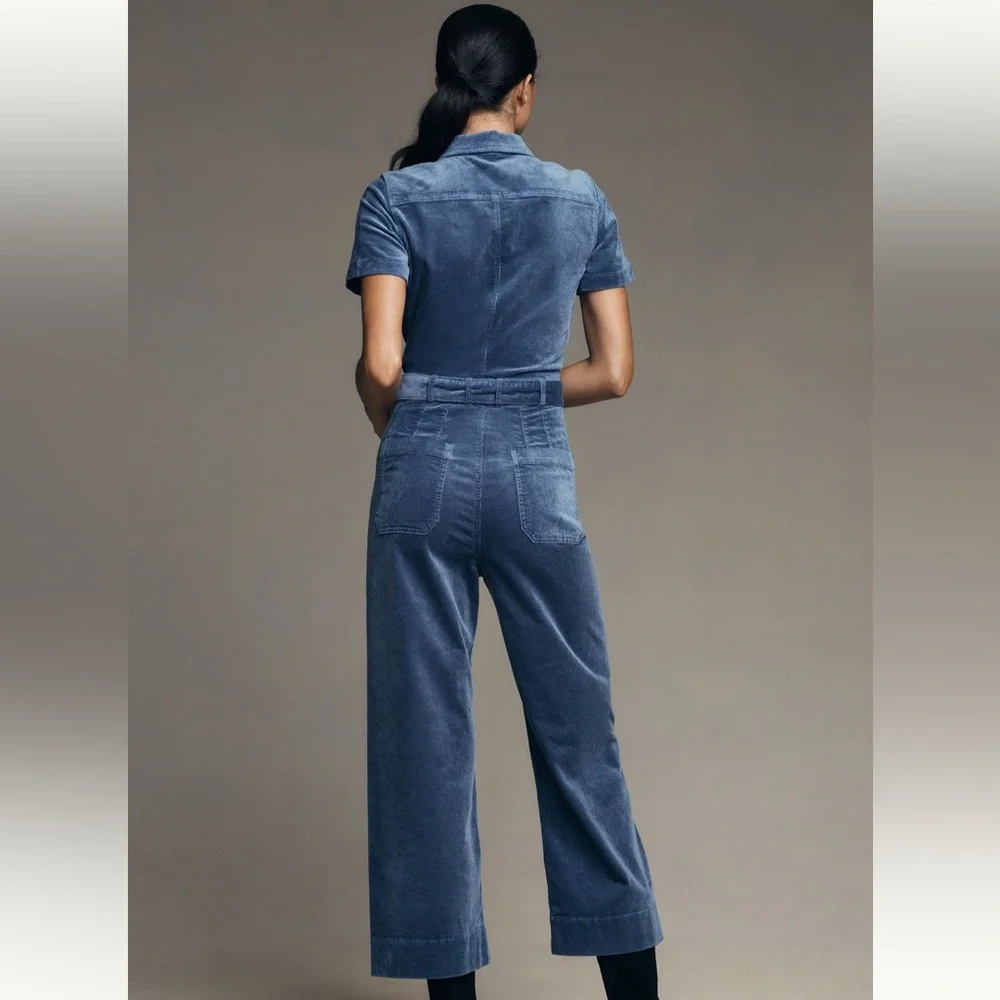 Corduroy Blue Jumpsuit with Belt - Picture 2 of 3